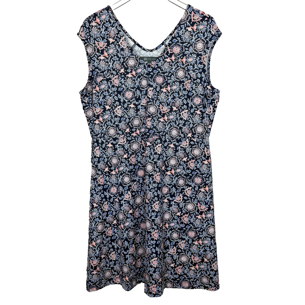 Title Nine Double Dare Diamalete Dress Women XL Blue Floral Tank Pockets Stretch